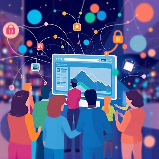 Illustrazione astratta che simboleggia l'inclusione e la diversit&agrave; di persone che interagiscono con un sito web.