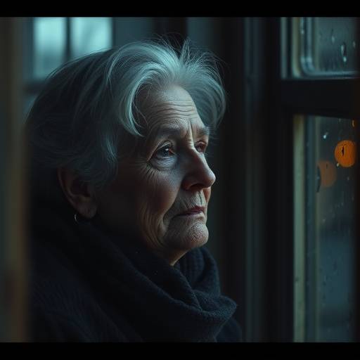 Scena drammatica da un cortometraggio con un'anziana signora che guarda fuori da una finestra piovosa.