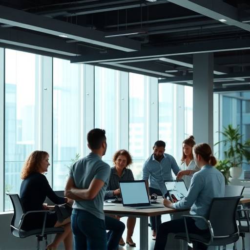 Screenshot di un video aziendale per TechSolutions, mostrando un team che collabora in un ufficio moderno.