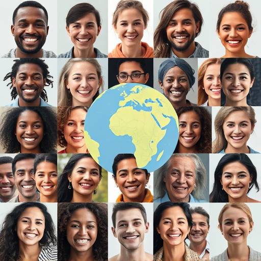 Un collage di volti diversi e sorridenti da tutto il mondo, collegati da fili luminosi.