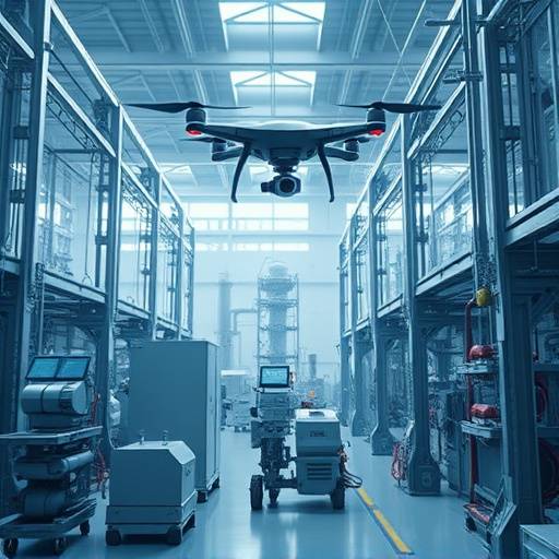 Video aziendale che mostra un impianto industriale all'avanguardia con droni e robotica.