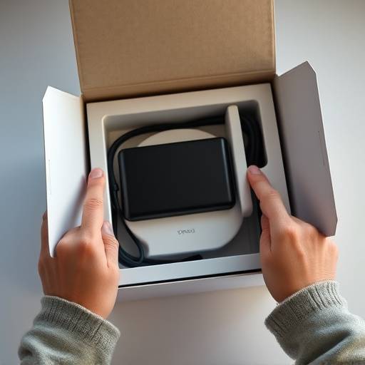 Video unboxing di un nuovo prodotto tecnologico, con mani che aprono la confezione e mostrano il dispositivo.